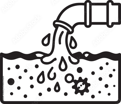 Illustration of Water Drainage: A graphic representation depicts water flowing from a pipe into a container, with visual elements suggesting an industrial or environmental process.
