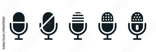 Microphone icons set, karaoke mic, podcast microphone, collection of microphone silhouettes, vector design elements, audio recording symbols, broadcast media icons for music, streaming, and communicat