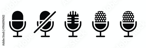 Microphone icons set, karaoke and podcast mic symbols, collection of microphone silhouettes, vector illustration style, audio recording and broadcasting concept, clean modern icons for apps, media pla