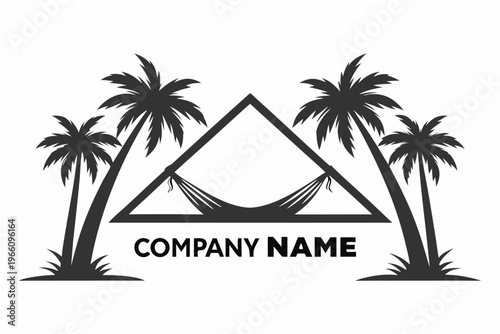 Minimalist vector art of a tropical hammock suspended between palm trees
