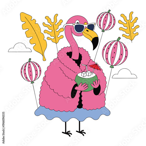 Fashionable pink flamingo vector illustration, stylish bird wearing sunglasses and fur coat, tropical summer vacation character with coconut cocktail