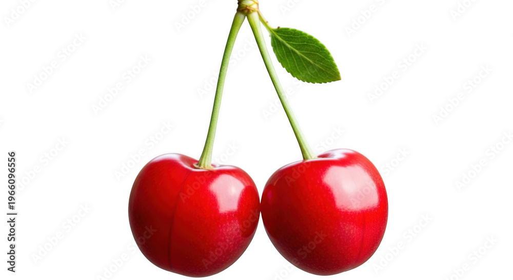 Obraz premium A cluster of ripe red cherries hanging from a green leafy stem isolated on transparent background