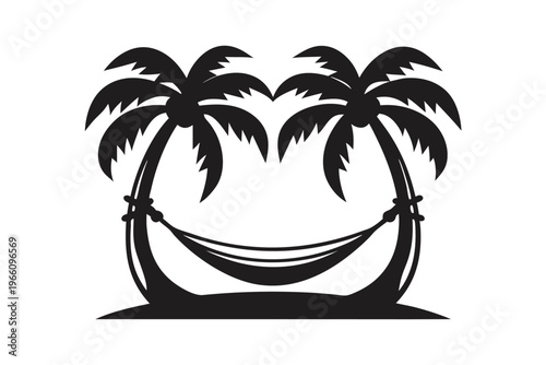 Graphic black and white silhouette of a tropical palm tree and leisure hammock