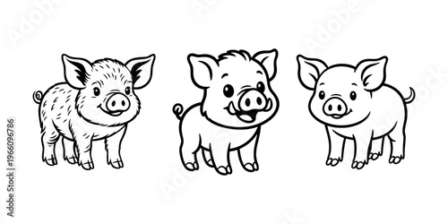 Three cute cartoon pigs standing together in a row smiling and looking friendly with black outlines on white background for coloring book or kids activity