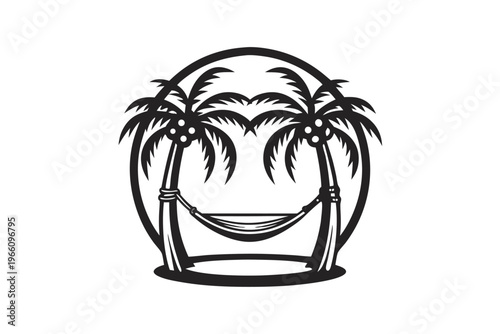 Minimalist silhouette of a tropical vacation scene with palm trees and hammock