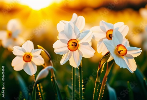 Narcissus flowers bloom in a flowerbed as the sun sets. The warm light shines on the petals, creating a vibrant scene in the garden during evening hours Generative AI