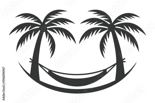 Black and white silhouette of a palm tree and hammock for tropical travel designs