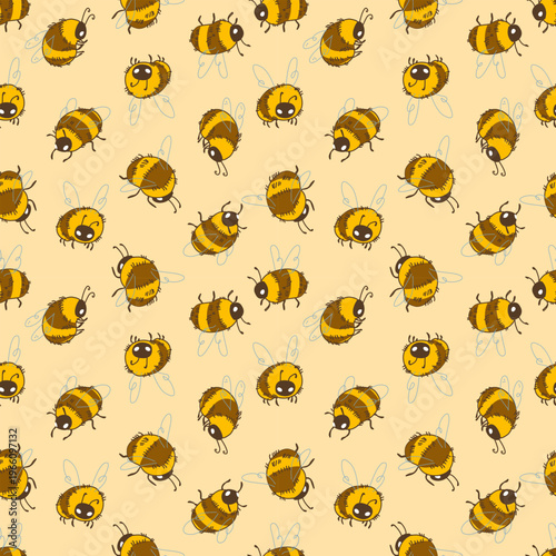 Cute vector brown bumblebee pattern. Seamless pattern design with wild bees, pollinators on bright yellow background