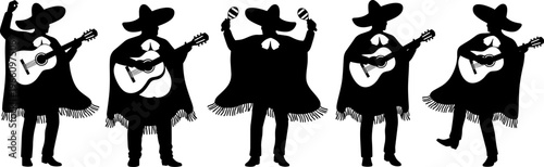 Silhouettes of mariachi musicians with sombreros and ponchos, playing guitars and maracas, traditional Mexican culture, festive music celebration illustration design
