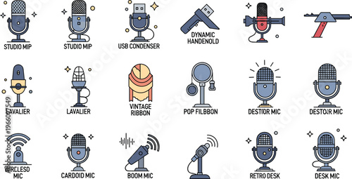 Microphone Collection Featuring Studio, USB, Lavalier, Dynamic, and Wireless Microphones for Audio Equipment and Recording Design