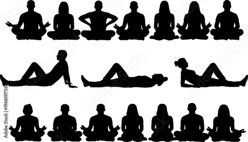 Silhouettes of people sitting cross-legged and reclining, meditation and relaxation postures, yoga lifestyle illustration, mindfulness practice concept design