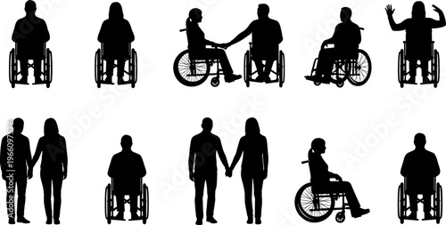 Inclusive silhouettes of people with wheelchairs, standing figures, human connection, accessibility, diversity, companionship, disability support, equality, friendship, communication, teamwork, empath
