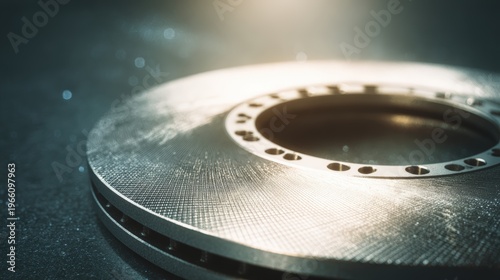 Brake Rotor Surface Texture with Subtle Digital Inspection Grid Overlay and Blurred Garage Backgroun