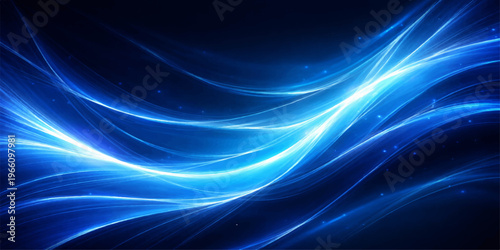 An abstract blue background with flowing wavy lines and a glowing fractal pattern creates a dynamic backdrop full of energy and smooth motion