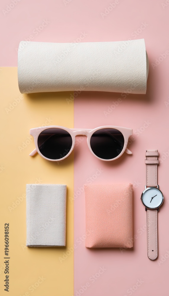 Obraz premium Flat Lay of Blank Sunglasses Case, Neutral Watch, and Parcel on Pastel Background with Bottom Copy S
