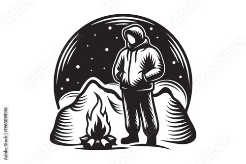 Black and white silhouette of a person standing behind a service table, bank teller or administrator