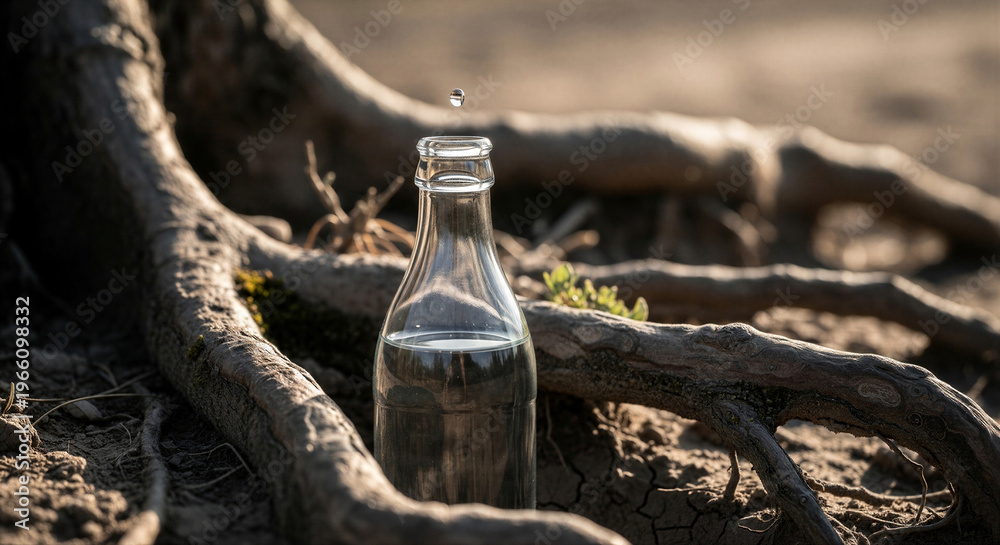 Fototapeta premium Glass bottle with water placed beside tree roots in natural setting 