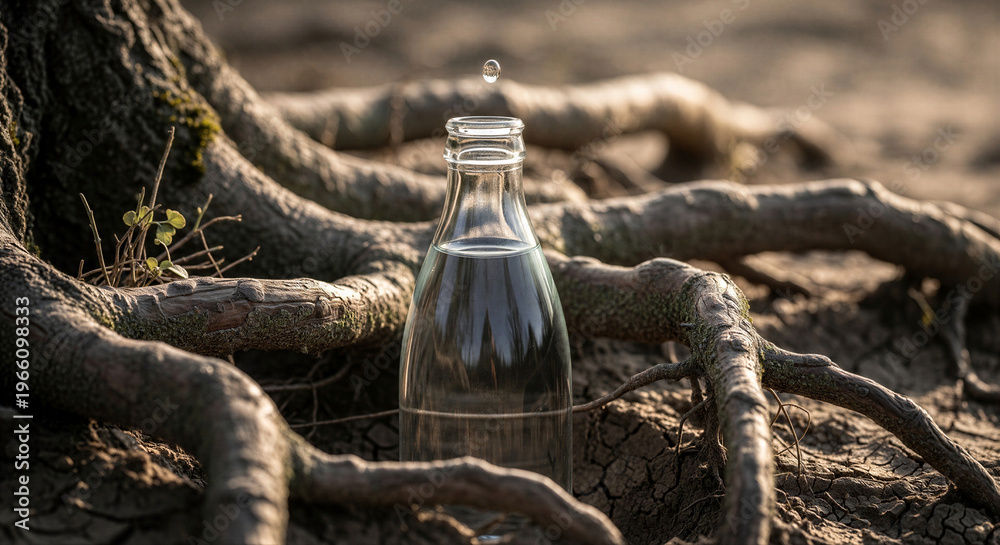 Fototapeta premium Bottle of fresh water placed by tree roots in natural setting 