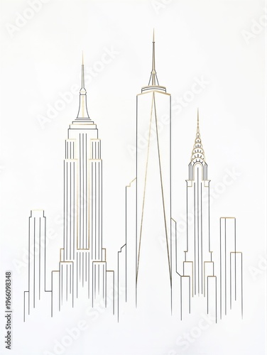 Minimalist New York skyline line art with elegant gold accents