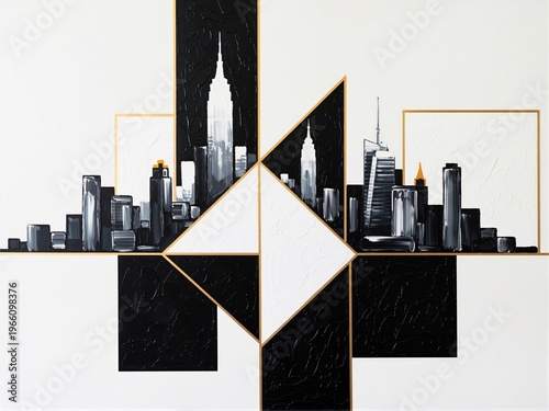 Modern geometric New York skyline abstract black white gold artwork