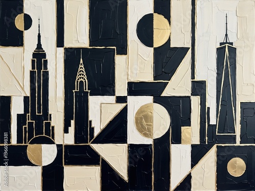 Abstract geometric New York skyline painting with black white gold design
