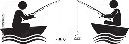 Stick figure illustration of two fishermen sitting in small boats and fishing with rods.