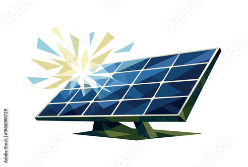 Low-poly vector illustration focused on solar panel shine, sleek faceted solar panel array tilted upward catching bright sunlight