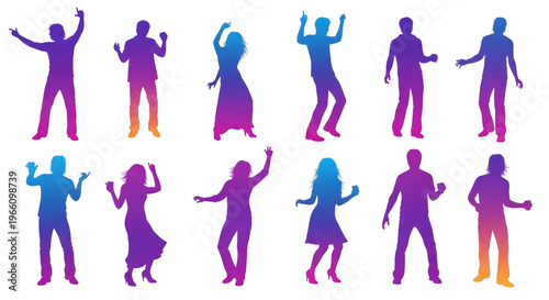 DJ Party Dancing People Silhouette Vector Set – Frock Girl Boy Gentleman Gradient Purple Wedding Celebration Crowd Multiview Outline