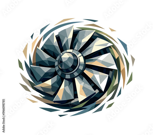 Dynamic Turbine Rotation. Low-poly vector illustration focused on turbine rotation rush, powerful industrial turbine with large