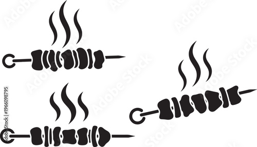 Black and white silhouette illustration of three hot grilled meat skewers with steam rising