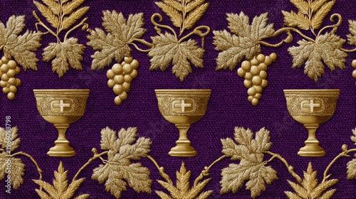 luxurious ecclesiastical pattern, luxurious damask design with golden wheat, grapevine, chalices, and crosses on a textured lenten purple fabric intricate, high-end textile pattern