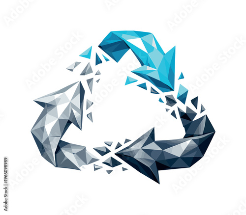 Low-poly vector illustration focused on recycling loop swirl showing the setup phase where three separate angular arrows begin