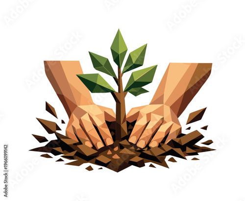 Low-poly vector illustration focused on tree planting thrust, angular human hands forcefully pressing a young faceted sapling