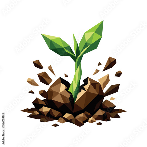 Low-poly vector illustration focused on seed sprout pop, faceted seed cracking open as a sharp angular sprout bursts upward,
