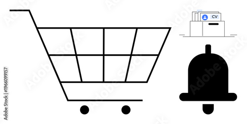 E-commerce concept. Shopping cart s online retail document icon implies job applications or HR systems notification bell signals updates. Perfect for e-commerce, recruitment apps, notifications, user