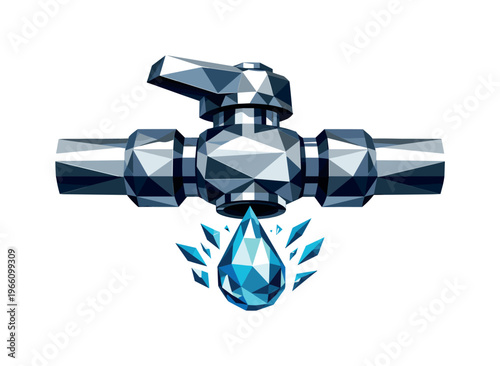 Low-poly vector illustration focused on water saving valve showing the setup moment before adjustment, geometric valve handle