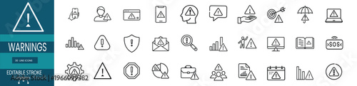 Security alerts and warning signs outline icon set featuring caution triangle, exclamation mark, risk notification, info message, and emergency SOS signal vector illustration on editable stroke