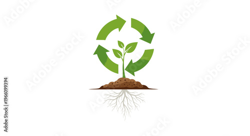 Sustainable Growth Concept with Young Plant and Recycling Arrows, Environmental Protection on Isolated White Background
