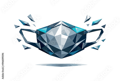Futuristic Mask Placement. Low-poly vector illustration focused on mask snap on showing the setup moment before wearing, geometric