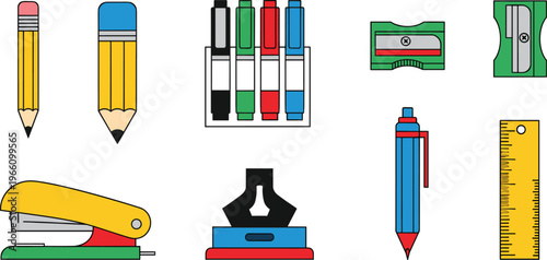 School Stationery and Office Supplies Set Featuring Pencils, Markers, Stapler, Ruler, Sharpener, and Pen for Education and Office Use Illustrations