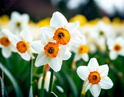 Narcissus flowers are blooming in a flowerbed during spring. Their white petals and orange centers create a vibrant display in the garden Generative AI