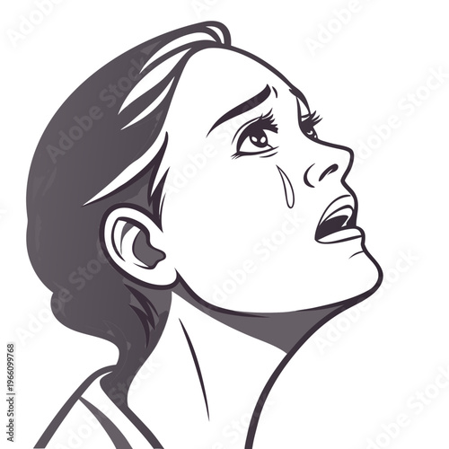Crying woman with tear on her cheek and open mouth