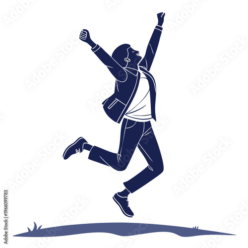Young man jumping in the air with arms raised in celebration on white background happy