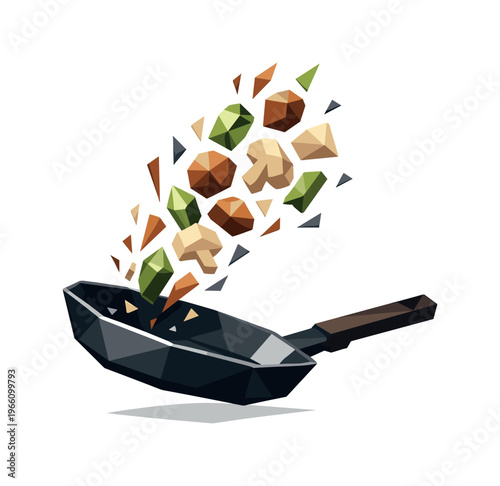 Dynamic Cooking Action. Low-poly vector illustration focused on cooking pan flip, angular frying pan captured mid-flip with