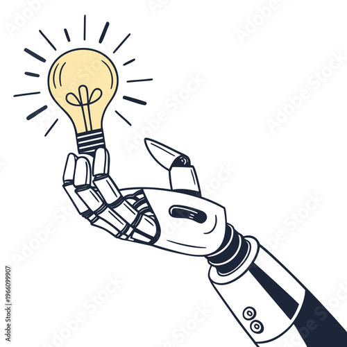 Robotic hand holding light bulb idea innovation creativity