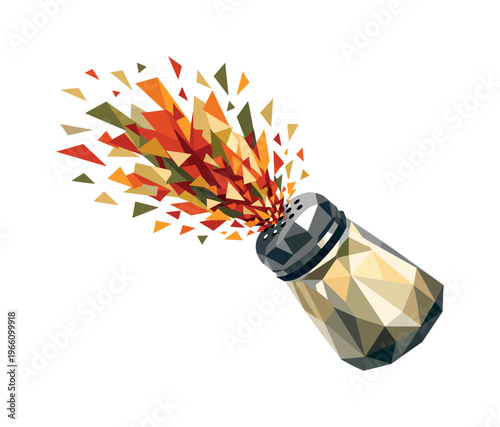 Low-poly vector illustration focused on spice sprinkle burst, faceted spice shaker tilted mid-air releasing a dramatic burst of