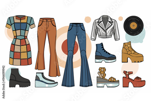 A colorful illustration of 1970s fashion clothing and accessories on transparent background