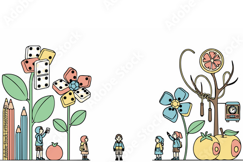 A colorful illustration of children playing with flowers and toys on transparent background