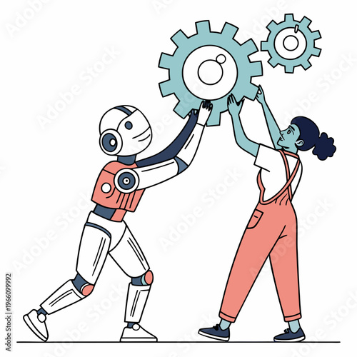 Robot and woman working together holding gears on white background collaboration