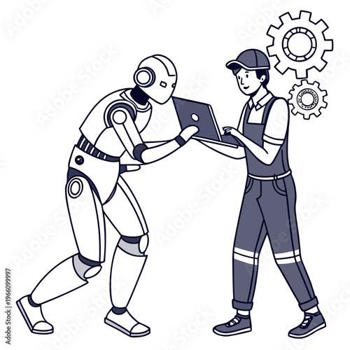 Robot and man working together on laptop with gears on white background